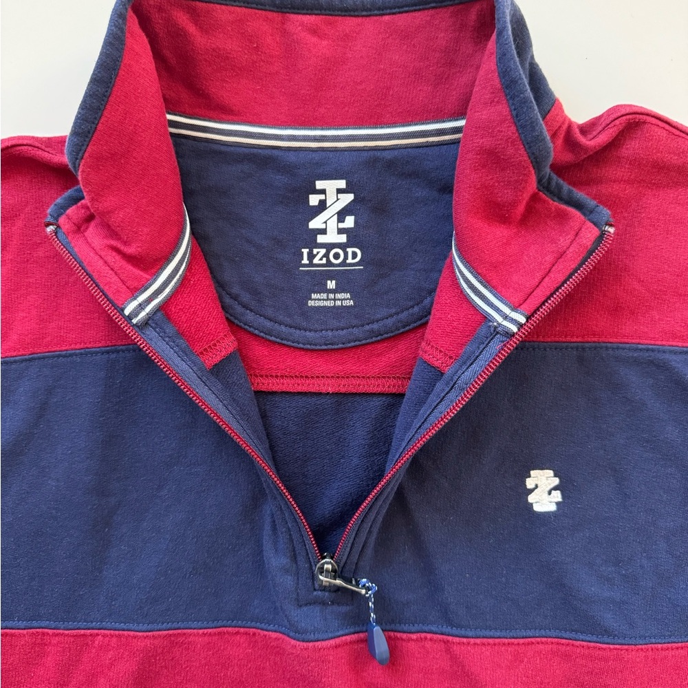 Izod Men's Red and Blue Striped Quarter Zip Sweater - Picture 3 of 5
